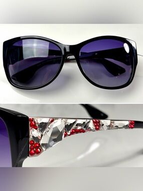 Jimmy Crystal Purple Lens Black Frame Sunglasses w/ Red & White Crystal Arms